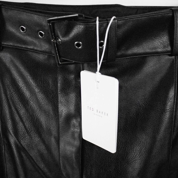 Ted Baker High Waist Black Faux Leather Pants Trousers Cropped Pleated Size 12 - Picture 4 of 12